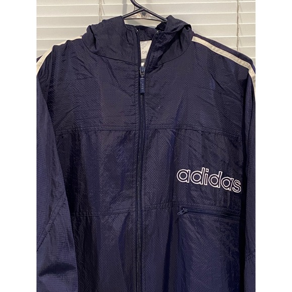 Vintage Adidas Mens Medium Navy Blue Ripstop Hooded Windbreaker Jacket 90s - Picture 3 of 14